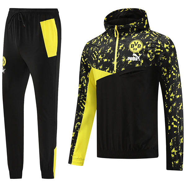 Borussia Dortmund windbreaker hoodie jacket football sportswear tracksuit falf zip uniform men's training kit black yellow outdoor soccer coat 2023-2024