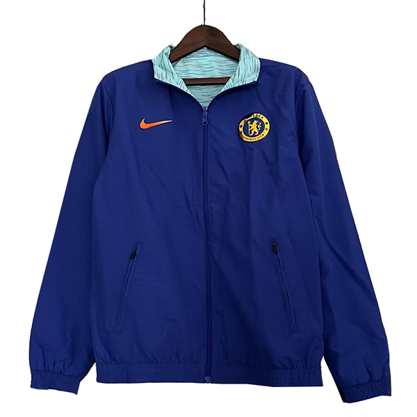 Chelsea windbreaker hoodie jacket double sides football sportswear tracksuit full zipper men's training kit blue outdoor soccer coat 2023-2024