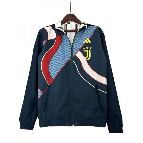 Juventus windbreaker hoodie jacket double sides football sportswear tracksuit full zipper men's training white navy kit outdoor soccer coat 2023-2024