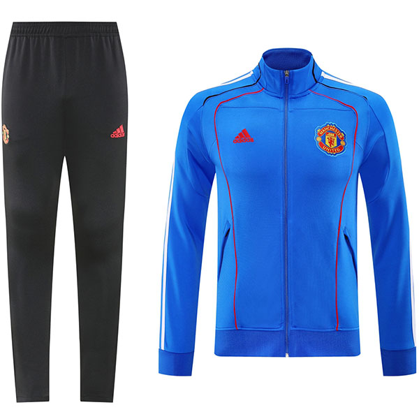 Manchester united giacca da calcio abbigliamento sportivo, tuta da ginnastica cerniera intera uniforme da uomo blu e nera kit da allenamento giacca da calcio per esterni 2025-2026