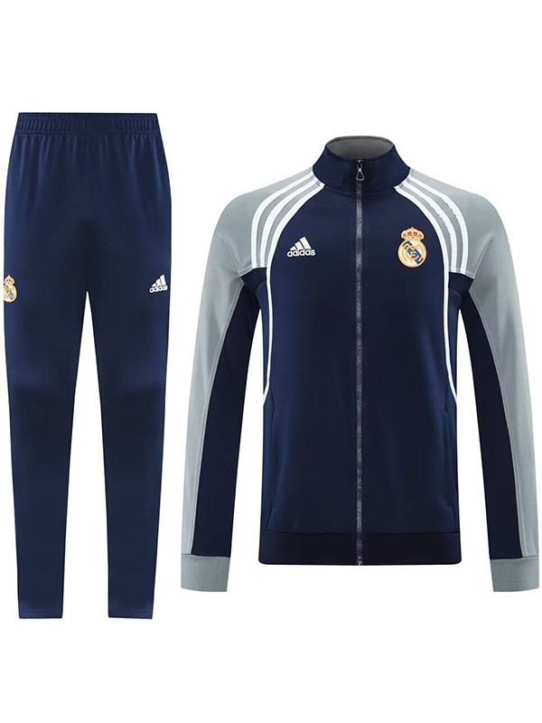 Real madrid giacca da calcio abbigliamento sportivo tuta da ginnastica cerniera intera da uomo blu navy e grigio kit da allenamento giacca da calcio per esterni 2025-2026