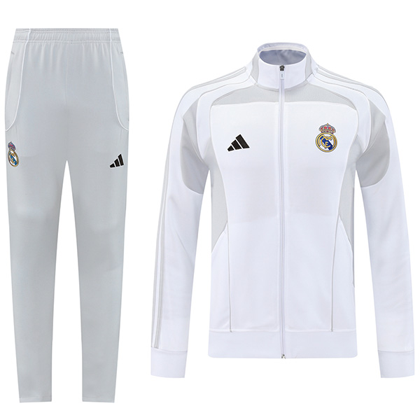 Real madrid giacca da calcio abbigliamento sportivo tuta da ginnastica cerniera intera da uomo bianca e kit da allenamento giacca da calcio per esterni 2025-2026