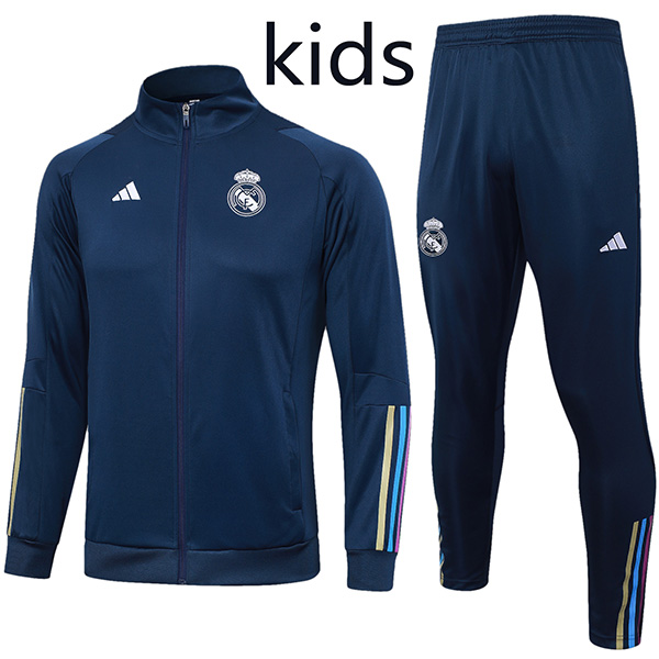 Real madrid jacket kids kit football sportswear tracksuit darkblue full zip youth training uniform outdoor children soccer coat 2023-2024