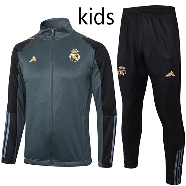 Real Madrid jacket kids kit football sportswear tracksuit darkgreen long zipper youth training uniform outdoor children soccer coat 2023-2024
