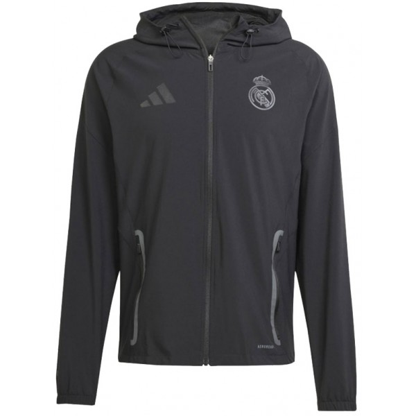 Real madrid giacca antivento con cappuccio tuta sportiva da calcio divisa da allenamento da uomo nera con zip intera giacca da calcio per esterni 2025-2026