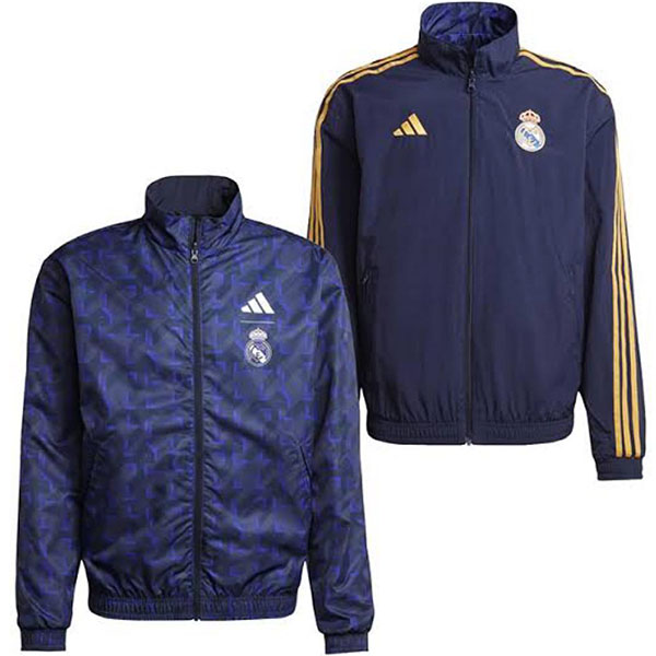 Real madrid giacca a vento con cappuccio dell' tuta sportiva da calcio blu navy con cerniera intera uniforme da allenamento per uomo giacca da calcio per esterni 2025-2026