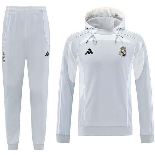Real madrid giacca a vento con cappuccio del  tuta sportiva da calcio bianca e grigia con cerniera intera uniforme da allenamento da uomo giacca da calcio per esterni 2025-2026