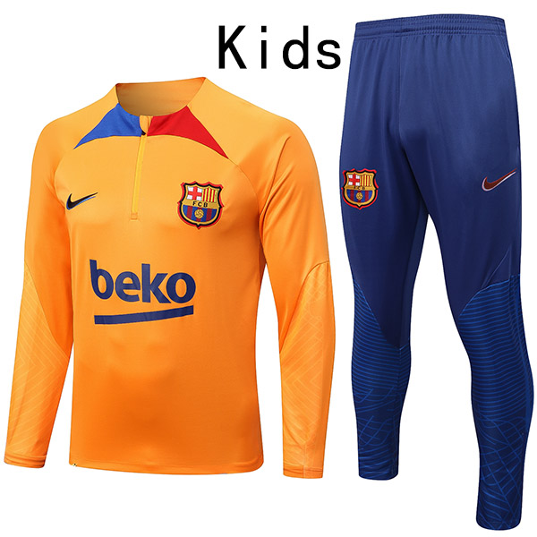 Barcelona tracksuit orange kids kit soccer pants suit sports set zipper necked cleats youth uniform children football mini blue training kit 2022-2023