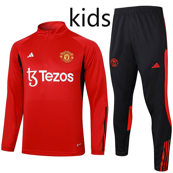 Manchester united tracksuit kids kit soccer pants suit sports set half zip necked cleats youth uniform children red football mini training kit 2024