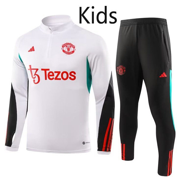 Manchester united tracksuit kids kit white soccer pants suit sports set zipper necked cleats youth uniform children football mini training kit 2023-2024