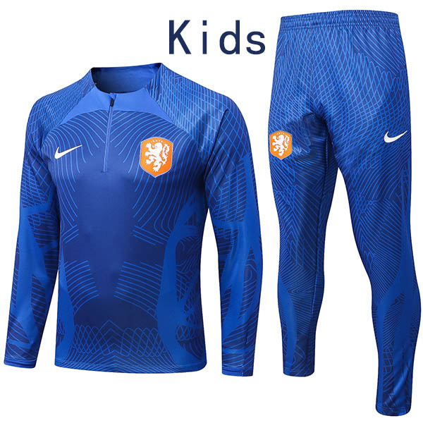 Netherlands tracksuit blue kids kit soccer pants suit sports set zipper necked cleats youth uniform children football mini training kit 2022-2023