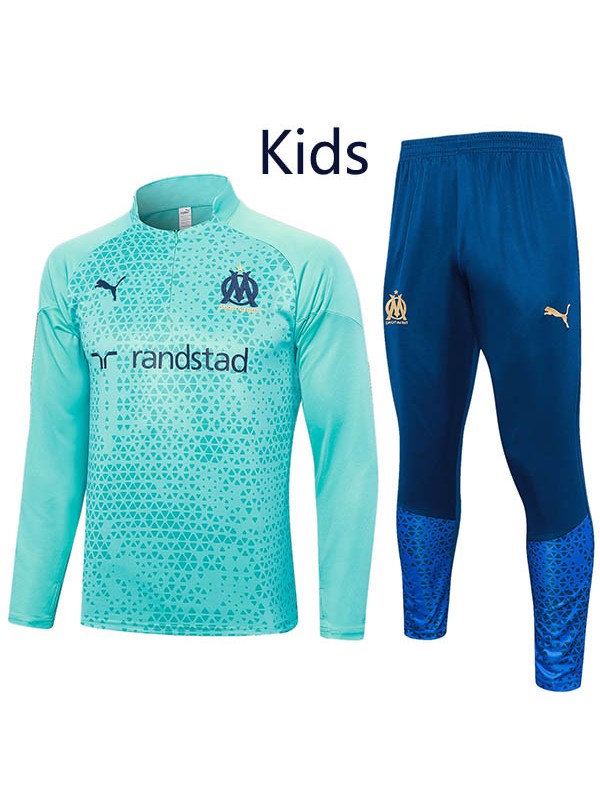 Olympique de Marseille tracksuit kids kit soccer pants suit sports set half zip necked cleats youth uniform children teal indigo football mini training kit 2023-2024