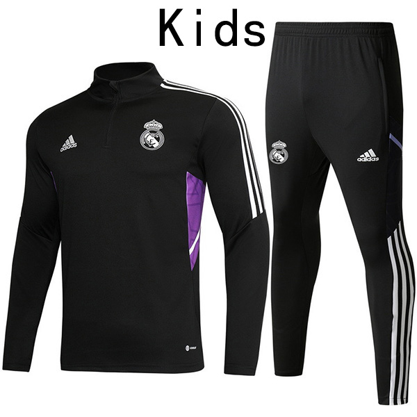 Real madrid tracksuit black kids kit soccer pants suit sports set zipper necked cleats youth uniform children football mini training kit 2022-2023