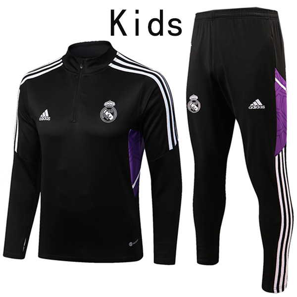 Real madrid tracksuit kids kit black soccer pants suit sports set zipper necked cleats youth uniform children football mini training kit 2022-2023