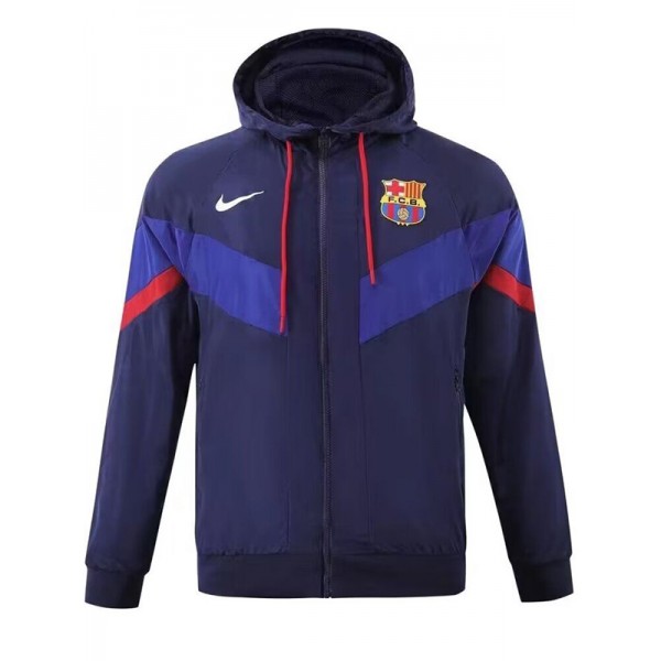 Barcelona giacca a vento con cappuccio giacca abbigliamento sportivo da calcio tuta da allenamento con cerniera completa da uomo kit blu scuro cappotto da calcio all'aperto 2024-2025