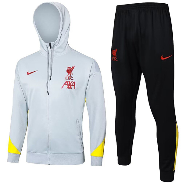 Liverpool giacca con cappuccio grigio chiaro abbigliamento sportivo da calcio tuta con cerniera completa kit da allenamento per uomo uniforme da esterno cappotto da calcio 2024-2025