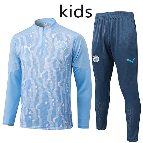 Manchester city tracksuit kids kit soccer pants suit sports set zipper necked cleats youth uniform children football mini light blue training kit 2024-2025