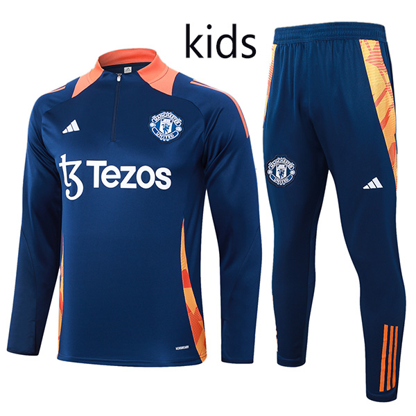 Manchester United tracksuit kids kit soccer pants navy suit sports set zipper necked cleats youth uniform children football mini training kit 2024-2025