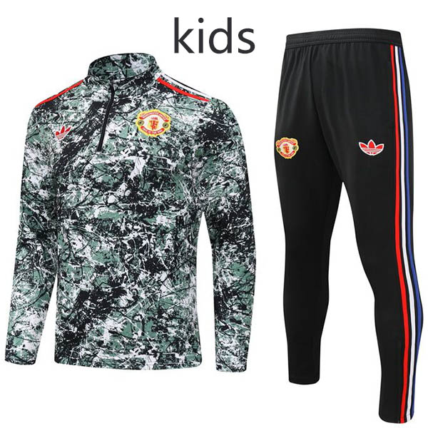 Manchester United tuta per bambini kit pantaloni da calcio tuta sportiva set mezza zip tacchetti con collo uniforme giovanile bambini nero verde mini kit da allenamento 2024-2025