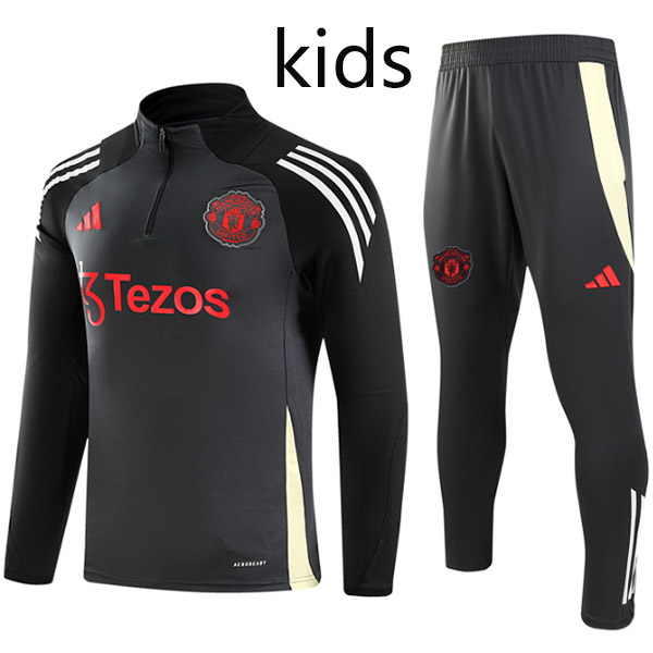 Manchester united tracksuit kids kit soccer pants suit sports set zipper necked black red cleats youth uniform children football mini  training kit 2024-2025