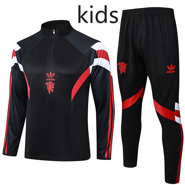 Manchester united tracksuit kids kit soccer pants suit sports set zipper necked cleats youth uniform children football mini black red training kit 2024-2025