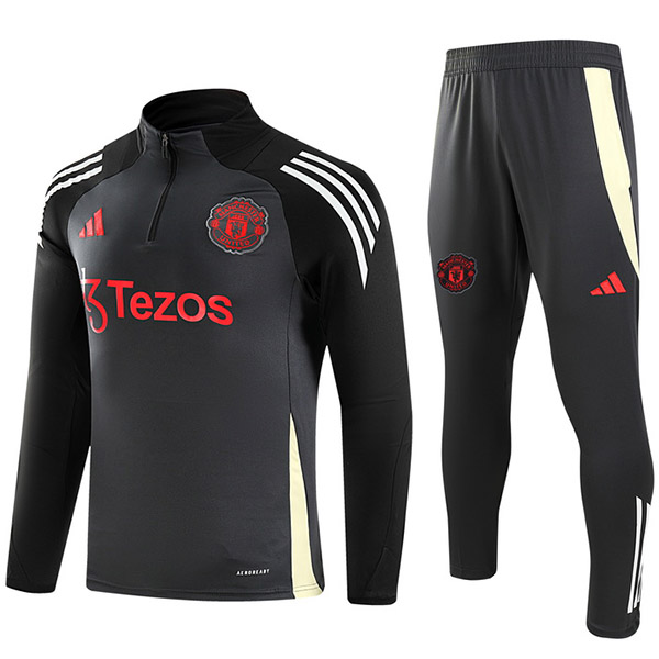 Manchester united tuta pantaloni da calcio tuta sportiva set nero mezza cerniera collo uniforme abbigliamento da uomo kit da allenamento di calcio 2024-2025