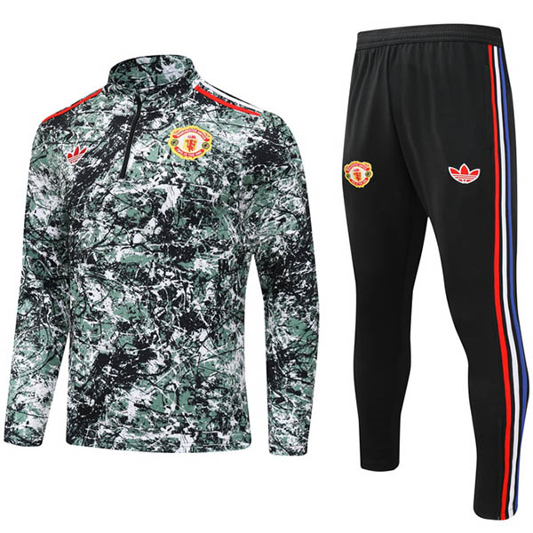 Manchester United tuta da calcio pantaloni tuta sportiva set mezza cerniera collo uniforme da uomo verde nero abbigliamento kit da allenamento di calcio 2024-2025